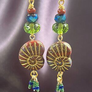 NEW Czech Glass Ammonite Dangle Statement Earrings